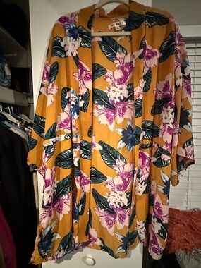 Say What? Mustard Floral Kimono with Pink & Green Print